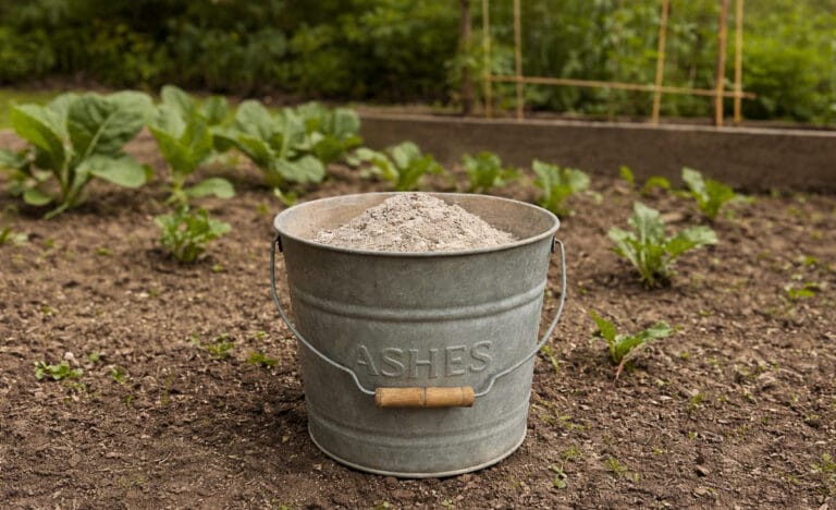 A galvanized bucket labeled “Ashes” filled with gray wood ash, sitting in a vegetable garden with young leafy greens in the background.
