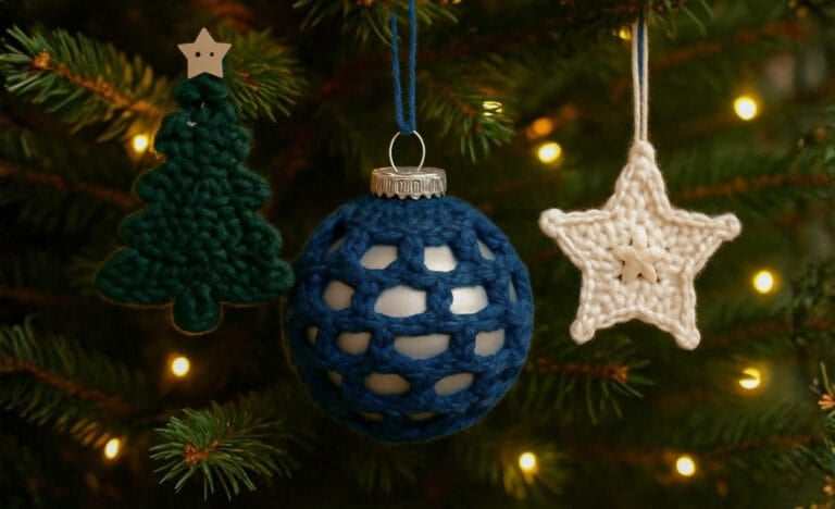 Three finished crochet Christmas ornaments—a dark green tree with a wooden star button, a blue crochet ornament cover over a silver ball, and a cream-colored star—hanging on a fresh Christmas tree with warm lights.