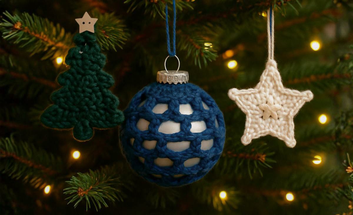 Three finished crochet Christmas ornaments—a dark green tree with a wooden star button, a blue crochet ornament cover over a silver ball, and a cream-colored star—hanging on a fresh Christmas tree with warm lights.