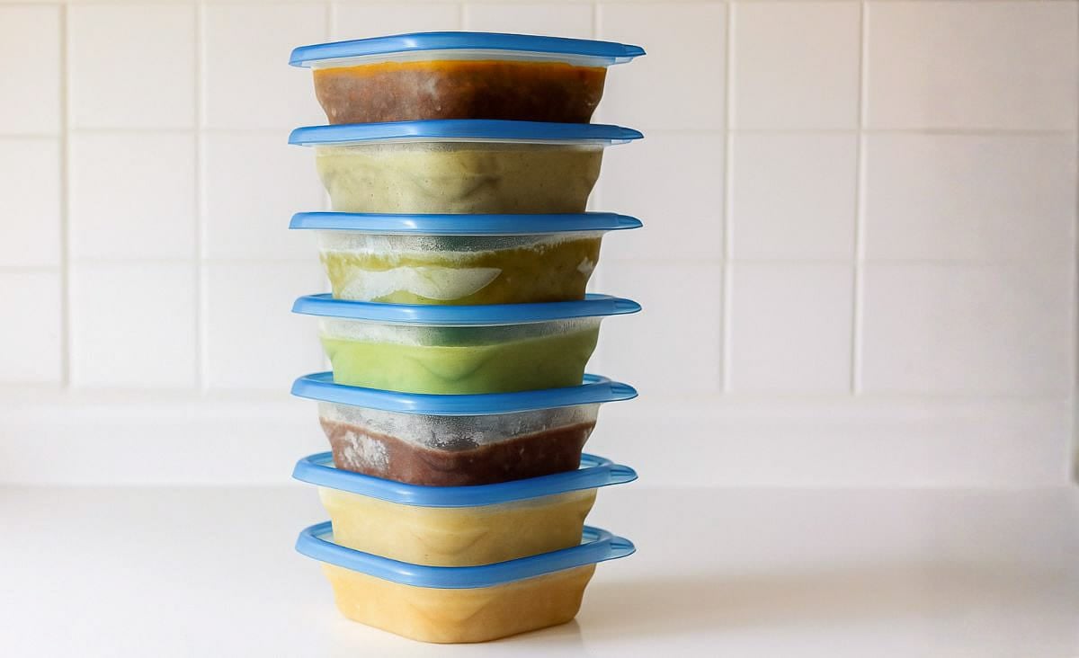 A side view of seven stacked containers of frozen homemade soup in different colors—orange, green, yellow, and brown—on a clean white kitchen counter with tiled backsplash. The photo represents organized freezer storage for make-ahead winter meals.