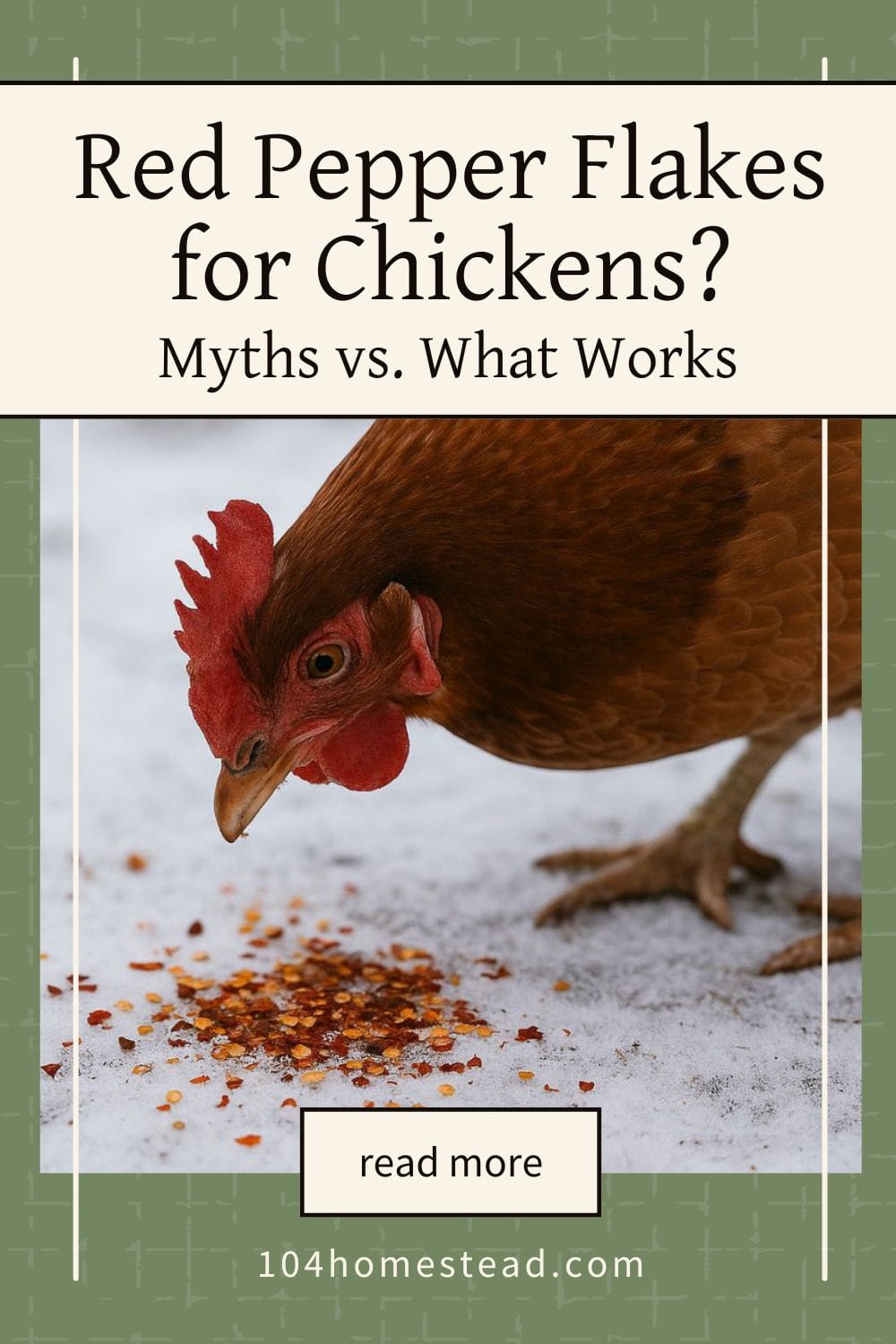 Pinterest graphic showing a brown hen pecking at a small pile of red pepper flakes on winter snow, with the title ‘Red Pepper Flakes for Chickens? Myths vs. What Works’ in a cream banner above.