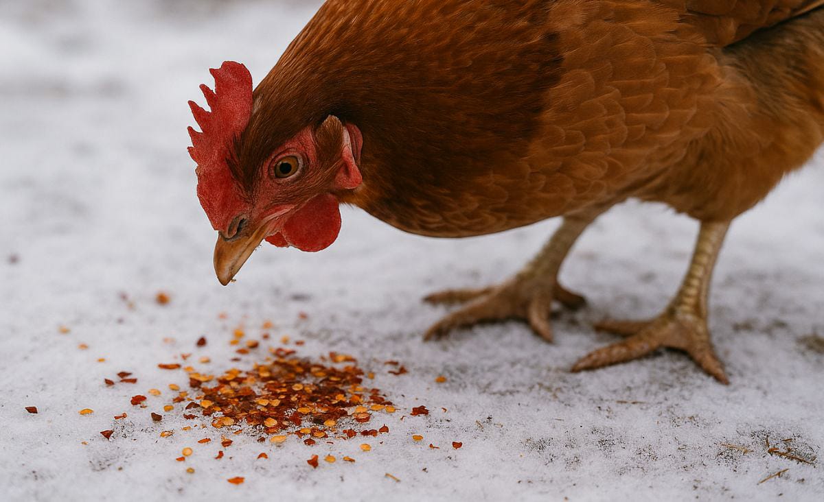 Close-up of a brown hen pecking at a small scattering of red pepper flakes on packed winter snow.