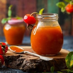 Jar of deep orange rose hip jelly sitting on a rustic wooden slab with a spoon and fresh hips nearby, highlighting the smooth, glossy set of the jelly and its foraged origins.