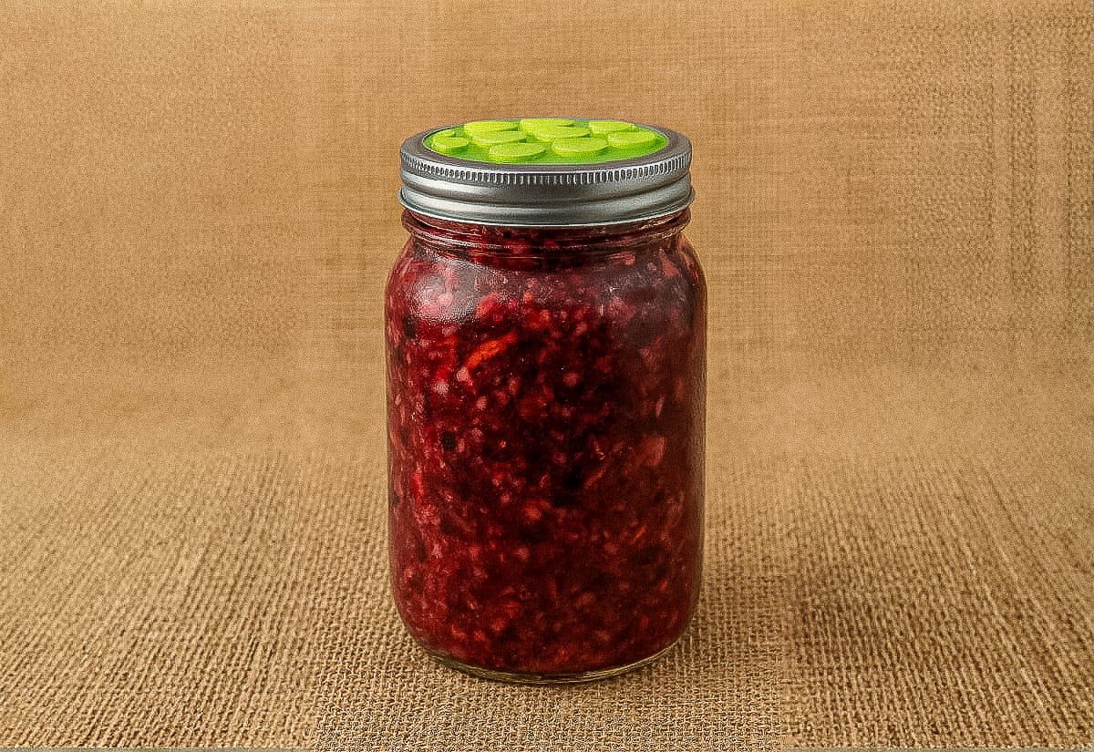 A mason jar packed with deep red fermented cranberry relish, sealed with a silver lid and green airlock insert, photographed on a textured burlap backdrop.