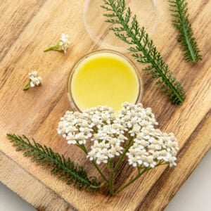 Finished homemade yarrow hand salve in a small glass jar, set on a wooden surface with yarrow flowers and leaves arranged around it.