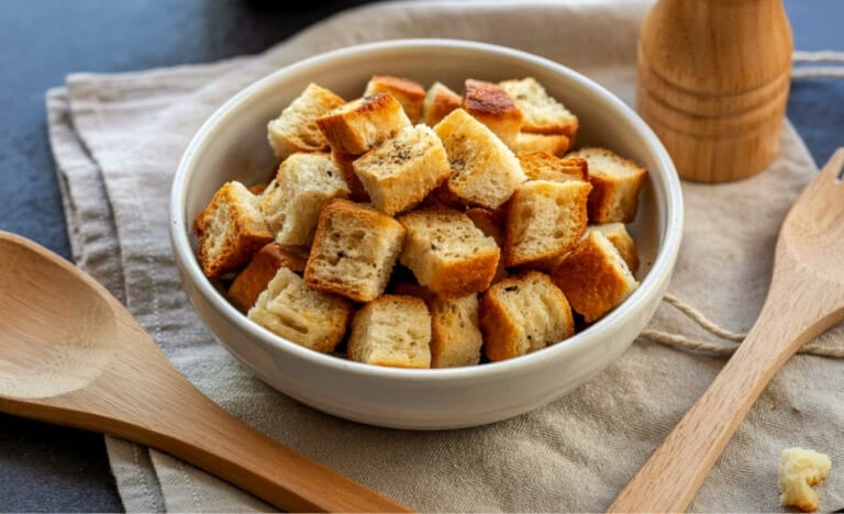 A white bowl filled with evenly cubed, golden-brown homemade croutons sitting on a beige cloth, with wooden spoons and a pepper grinder in the background.