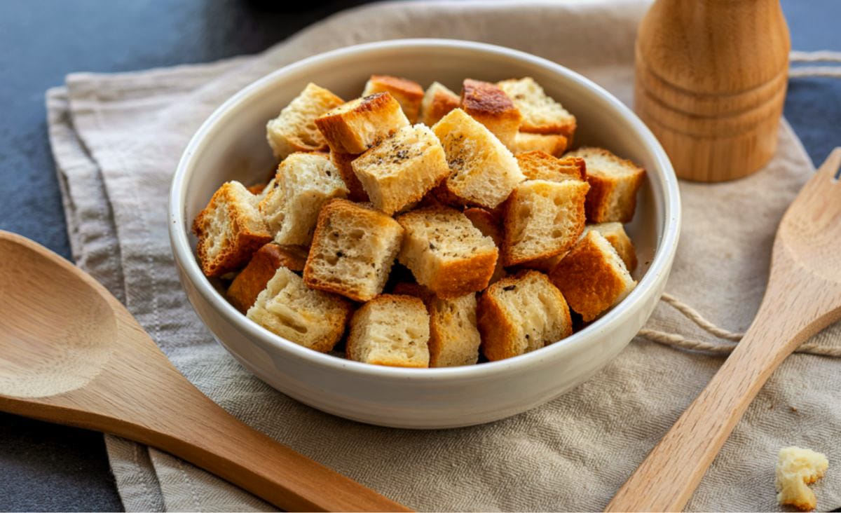 A white bowl filled with evenly cubed, golden-brown homemade croutons sitting on a beige cloth, with wooden spoons and a pepper grinder in the background.