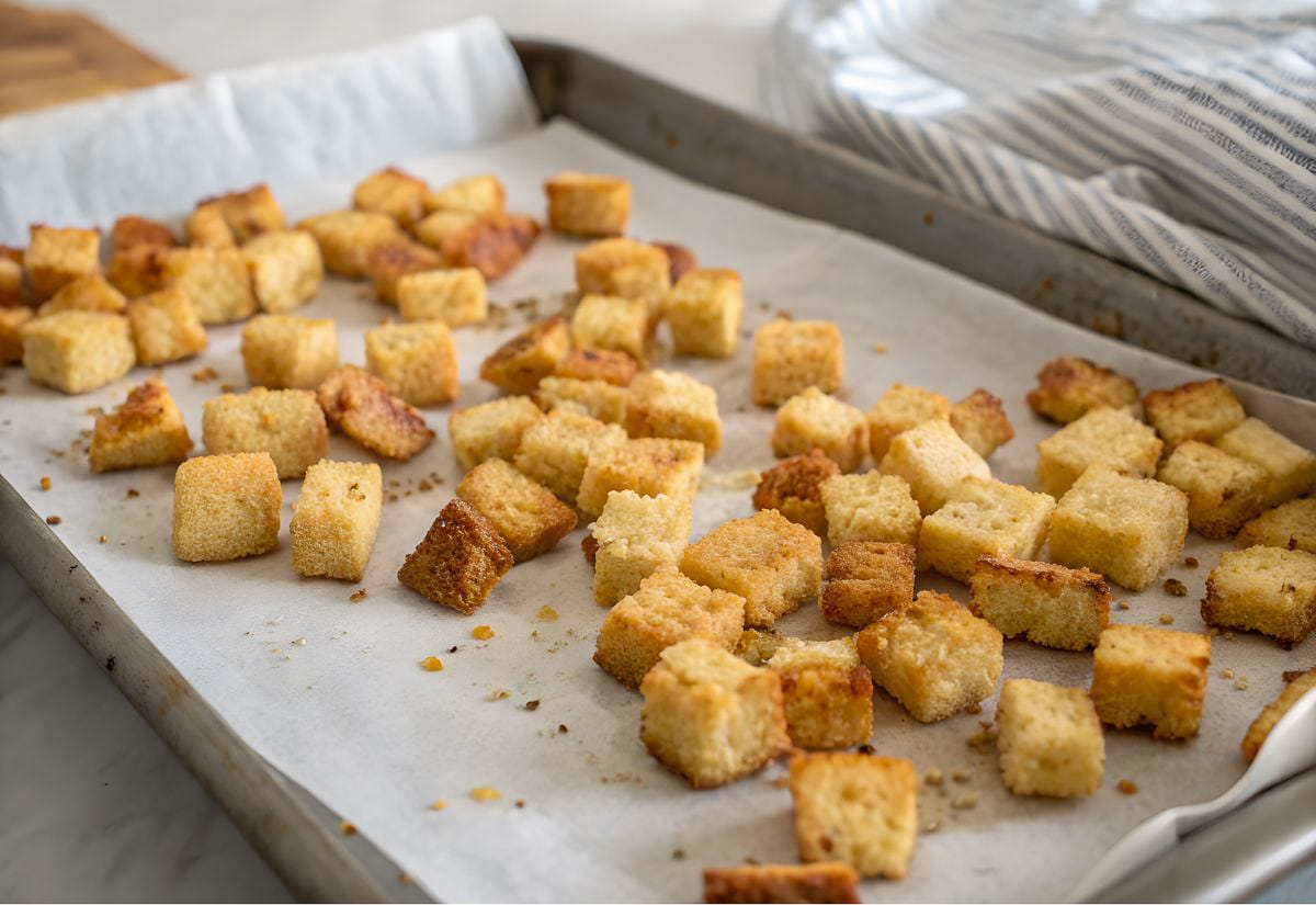 Freshly baked croutons scattered across a parchment-lined baking sheet, showing their crisp, golden edges and slightly uneven rustic cubes.