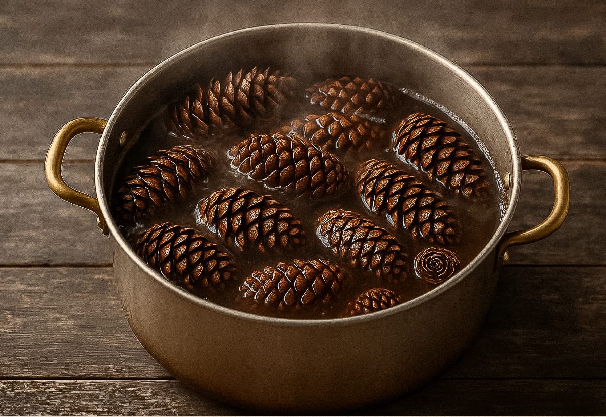 Large pot filled with pinecones simmering in hot, fragrant water, with steam rising and the cones fully submerged to absorb scent.