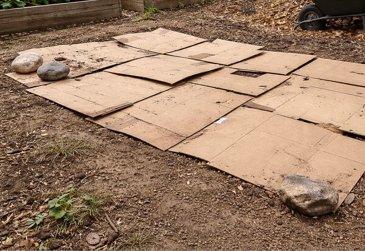 Flattened cardboard laid directly on bare garden soil and held down with rocks, preparing a new Back to Eden garden bed before adding wood chips.