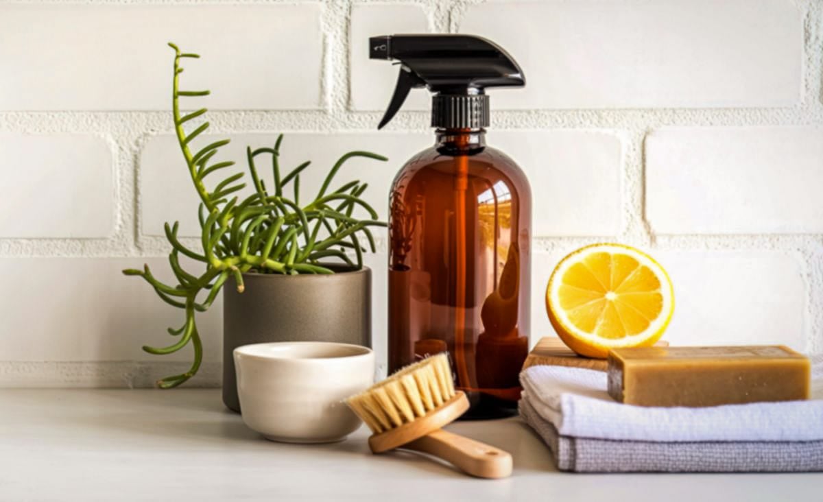 Amber glass spray bottle, lemon half, bar soap, scrub brush, folded cloths, and a small potted plant arranged on a light kitchen counter against a white brick wall.