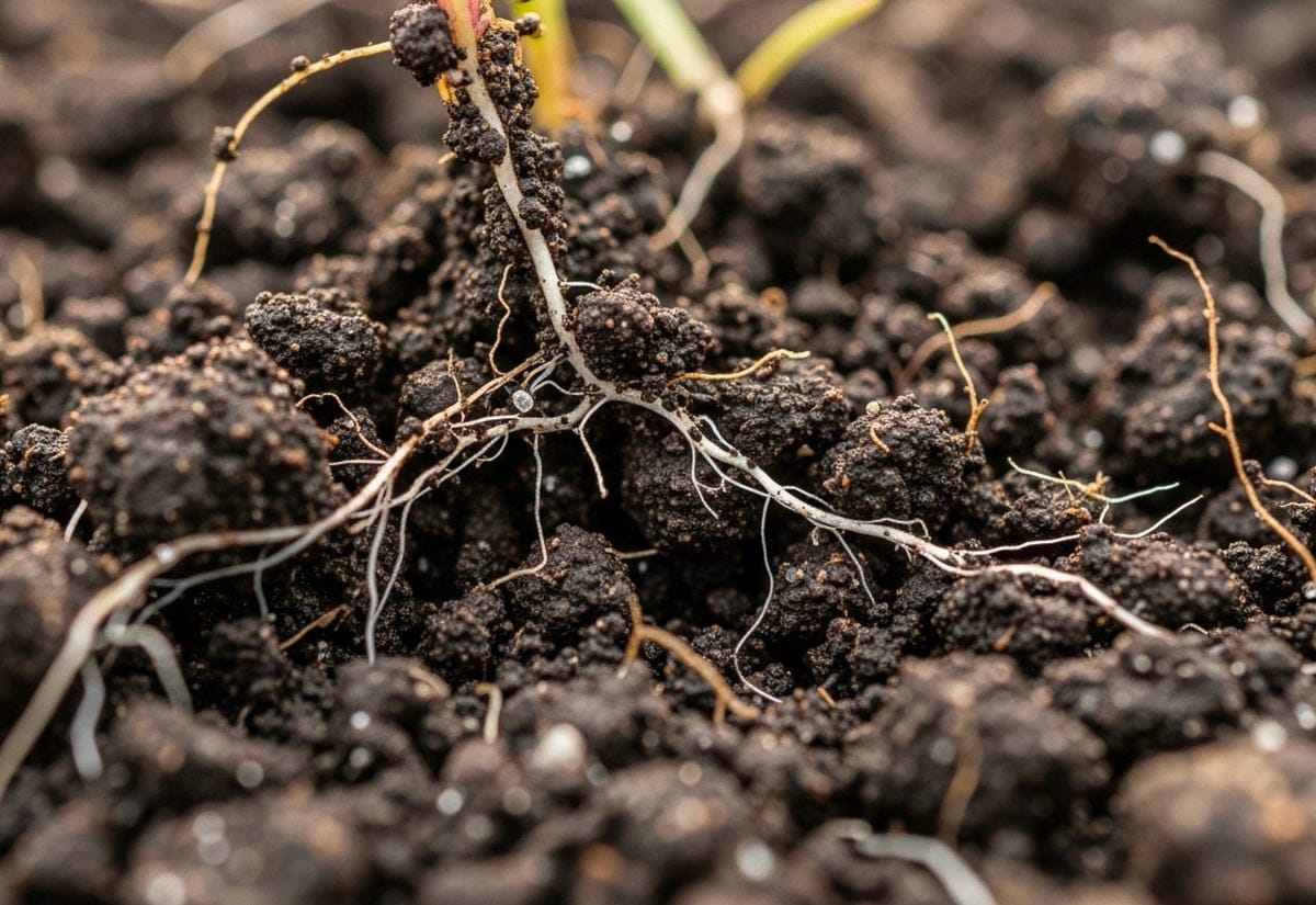 Close-up of healthy plant roots spreading through crumbly, dark soil, showing strong root growth and active soil structure.