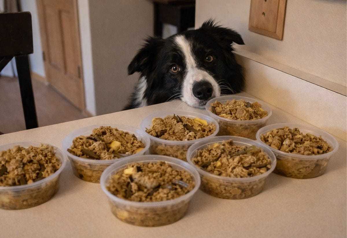 Border collie peeking over a kitchen counter at several containers of homemade dog food, showing meal prep for natural pet care.