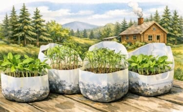 Watercolor illustration of four repurposed milk jug containers filled with leafy green seedlings sitting on a wooden table, with a small log cabin, pine trees, and rolling hills in the background during spring.