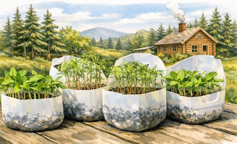 Watercolor illustration of four repurposed milk jug containers filled with leafy green seedlings sitting on a wooden table, with a small log cabin, pine trees, and rolling hills in the background during spring.