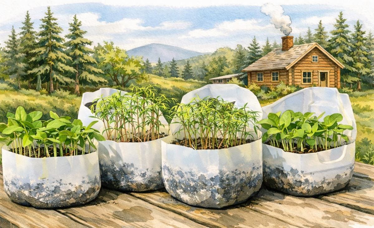 Watercolor illustration of four repurposed milk jug containers filled with leafy green seedlings sitting on a wooden table, with a small log cabin, pine trees, and rolling hills in the background during spring.