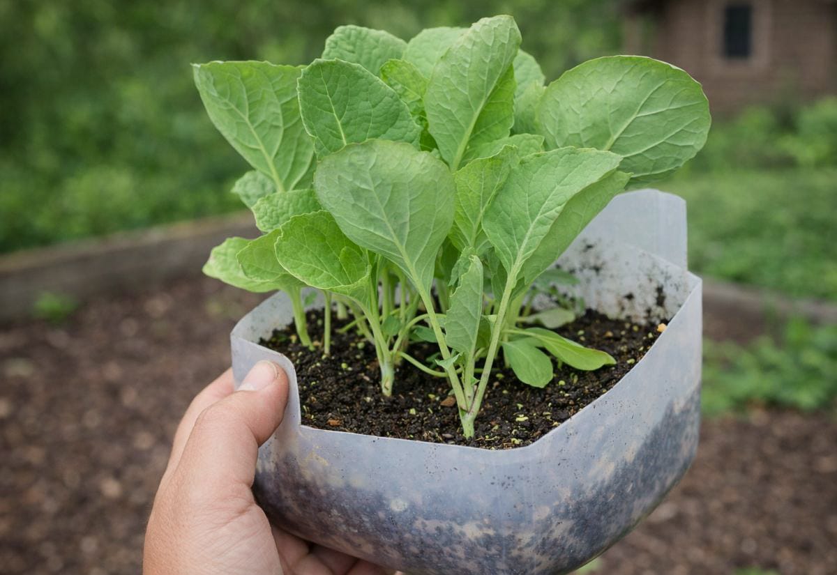 Bare hand holding the bottom half of a cut milk jug used for winter sowing, filled with dark potting mix and several sturdy leafy green seedlings ready for transplanting, with a softly blurred garden bed in the background.
