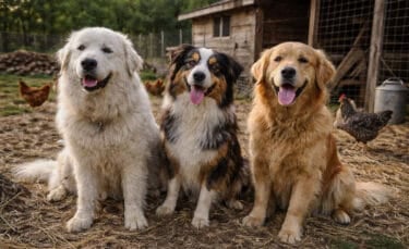 Great Pyrenees, Australian Shepherd, and Golden Retriever sitting on a dirt and straw farmyard with chickens roaming nearby and a rustic chicken coop behind them on a small homestead.