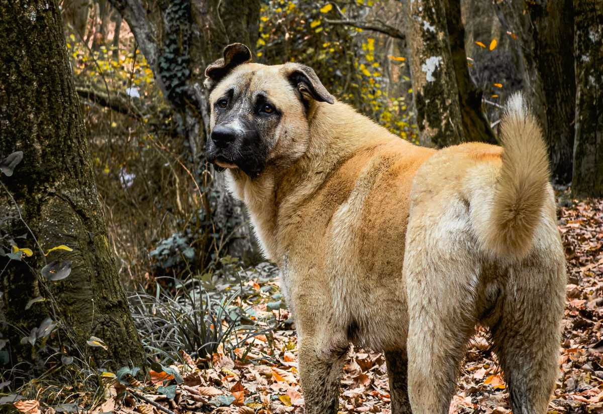Large tan livestock guardian dog standing in a wooded area with fallen leaves, an alert farm dog breed commonly used to protect livestock from predators.