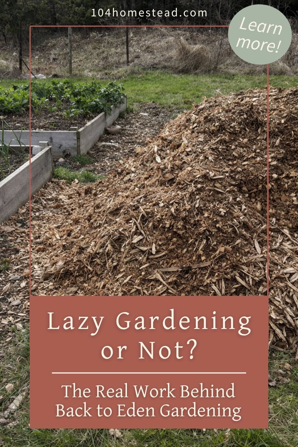 Pinterest-style graphic showing a large pile of fresh wood chips beside raised garden beds in early spring, with text overlay reading “Lazy Gardening or Not? The Real Work Behind Back to Eden Gardening”
