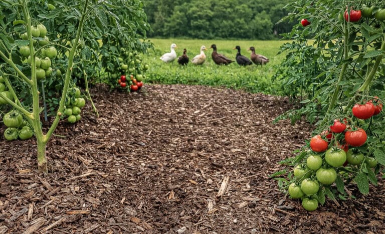 Tomato plants growing in a Back to Eden garden bed covered with coarse wood chip mulch, with clusters of green and red tomatoes hanging from the vines. A grassy field with several ducks walking and a treeline appears in the background.