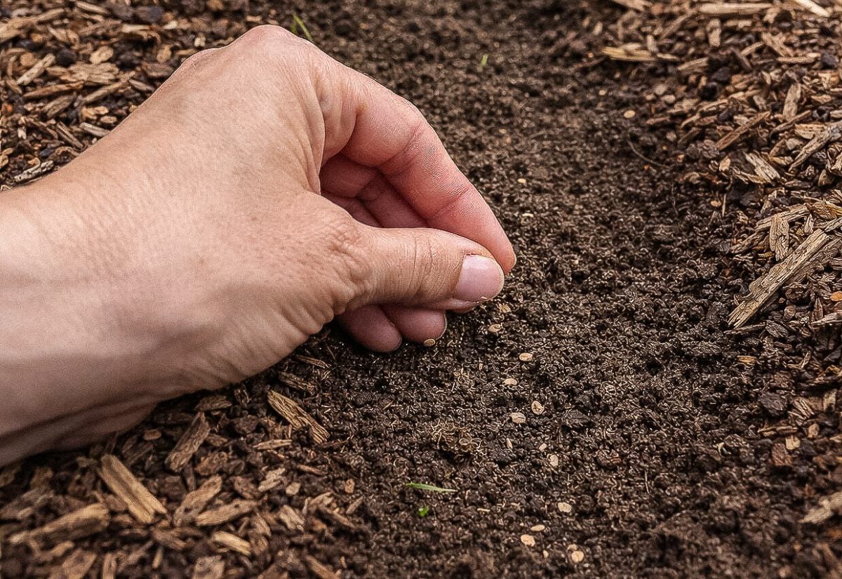 Close-up of a hand planting carrot seeds in a Back to Eden garden row where wood chips have been pushed aside to expose dark soil beneath the mulch. Tiny carrot seeds are visible in the furrow before being covered.
