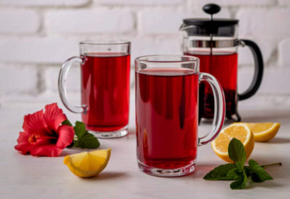 Two glass mugs filled with vibrant red hibiscus tea, garnished with lemon wedges and mint leaves, with a French press in the background.