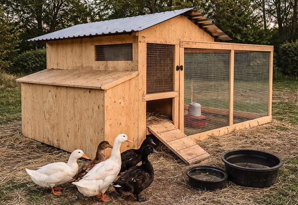 Simple plywood duck coop with attached wire run, small ramp entrance, and water dishes set on straw-covered ground with several ducks nearby.