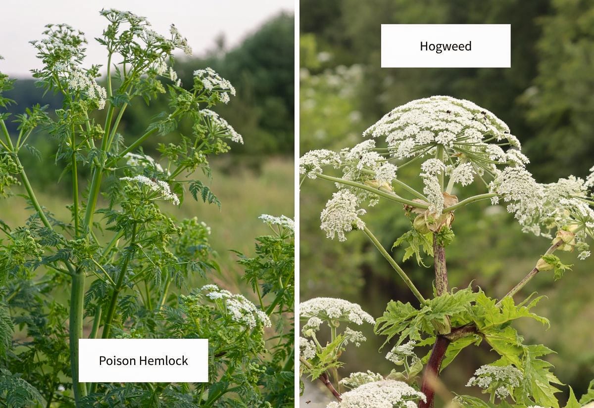 Side-by-side comparison image showing poison hemlock and hogweed with tall green stems, white umbrella-shaped flower clusters, and labels identifying each dangerous elderflower lookalike.