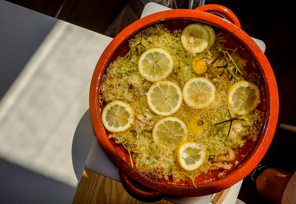 Elderflower cordial ingredients steeping in a large pot with sliced lemons and fresh elderflower heads floating in liquid.
