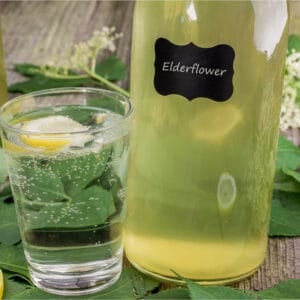 Glass of sparkling elderflower cordial with a lemon slice beside a swing-top bottle labeled elderflower on a wooden surface with fresh blossoms and leaves.